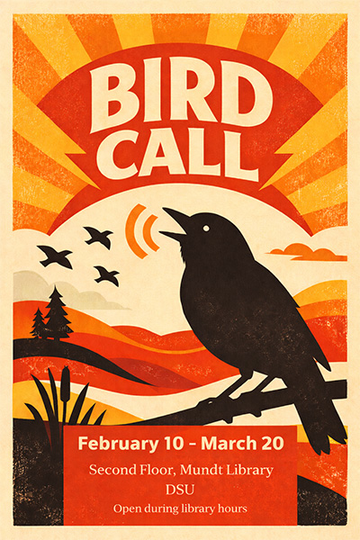 An orange/red background design reads Bird Call and includes a crow and other birds flying in the distance.